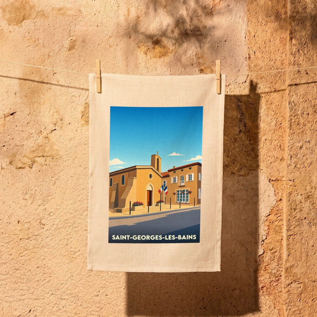 Torchon souvenir de Saint-Georges-les-Bains orné d'une illustration stylisée de la ville.