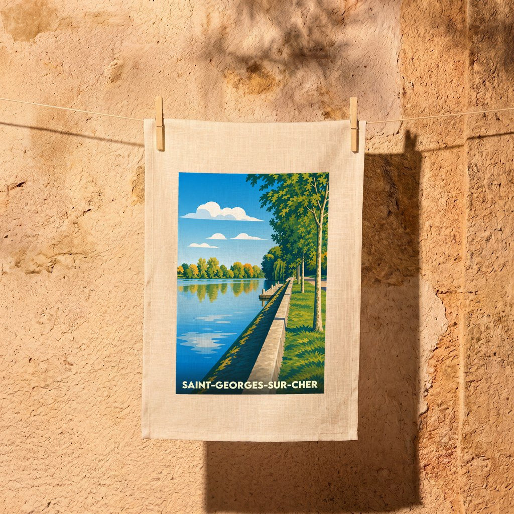 Torchon souvenir de la ville de Saint-Georges-sur-Cher avec une illustration stylisée des bords du Cher.