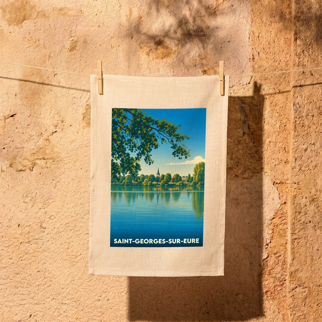 Torchon souvenir de la ville de Saint-Georges-sur-Eure avec une illustration stylisée de son paysage au bord de l'eau.
