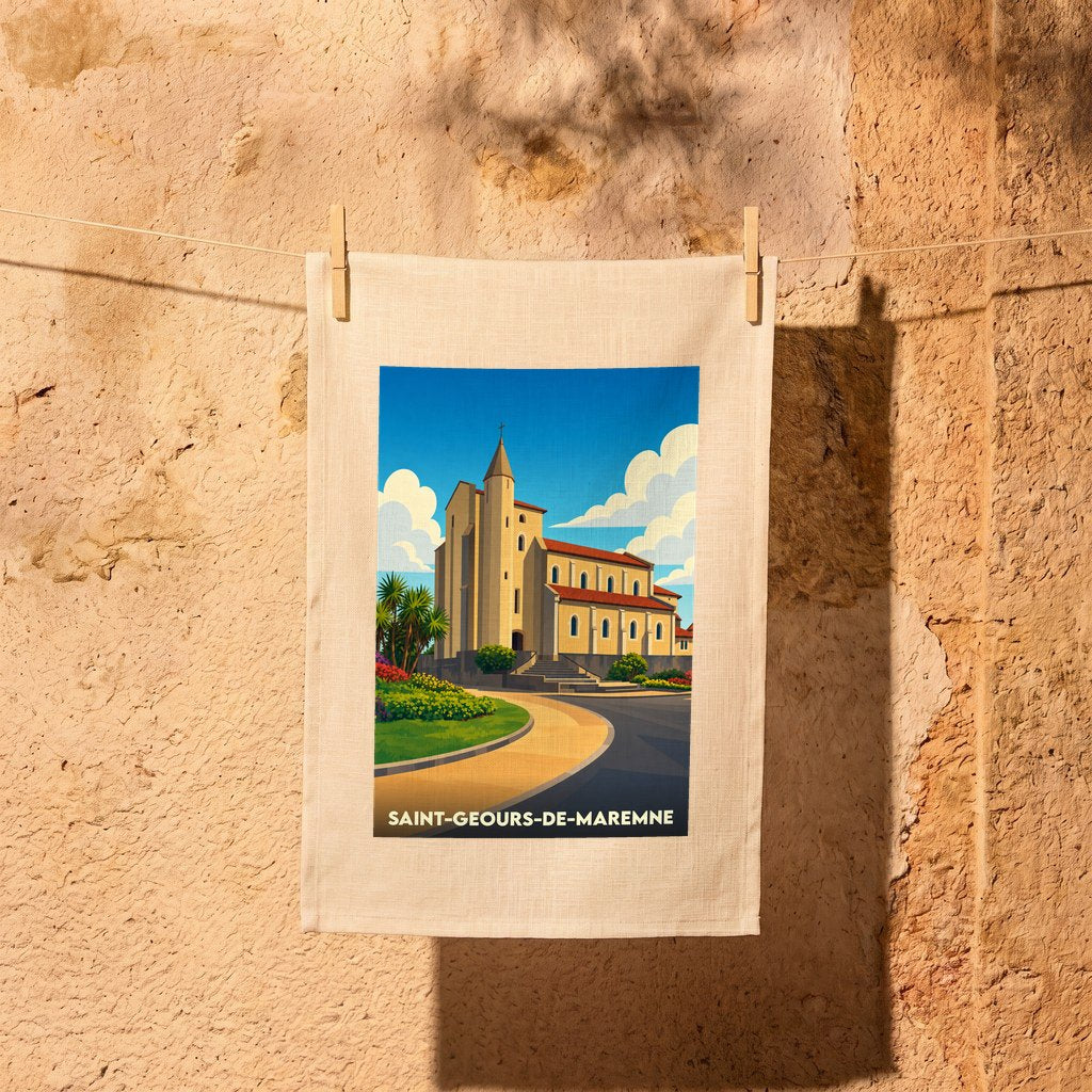 Torchon souvenir de la ville de Saint-Geours-de-Maremne avec une illustration stylisée de son église.