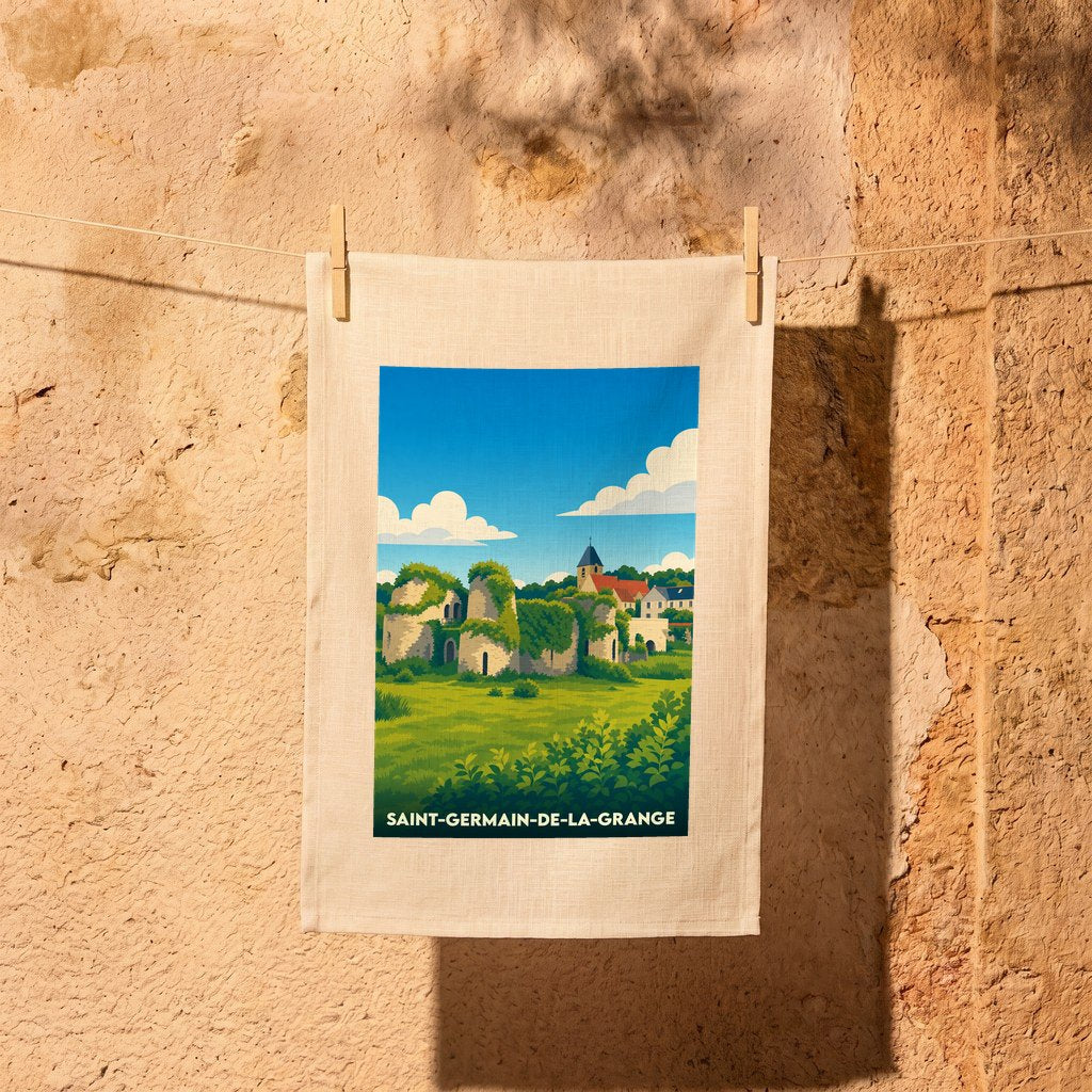 Torchon souvenir de Saint-Germain-de-la-Grange illustré d'un paysage champêtre et de ruines historiques.