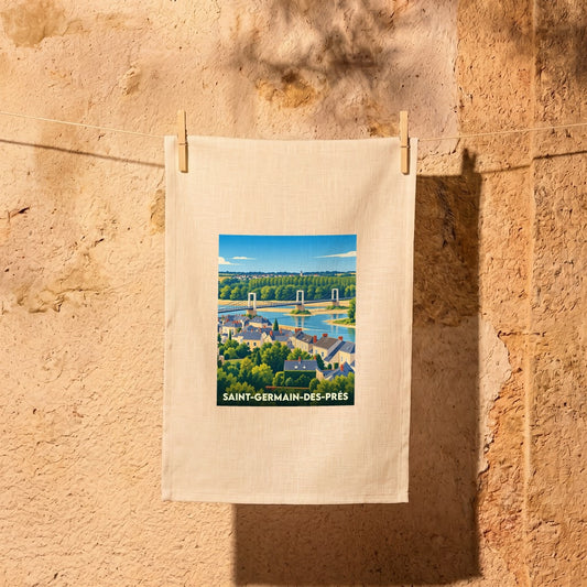 Torchon souvenir de Saint-Germain-des-Prés illustré d'une vue panoramique stylisée de la ville et de son pont sur la Loire.