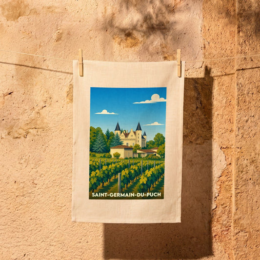 Torchon souvenir de la ville de Saint-Germain-du-Puch avec une illustration stylisée d'un château et de ses vignes.