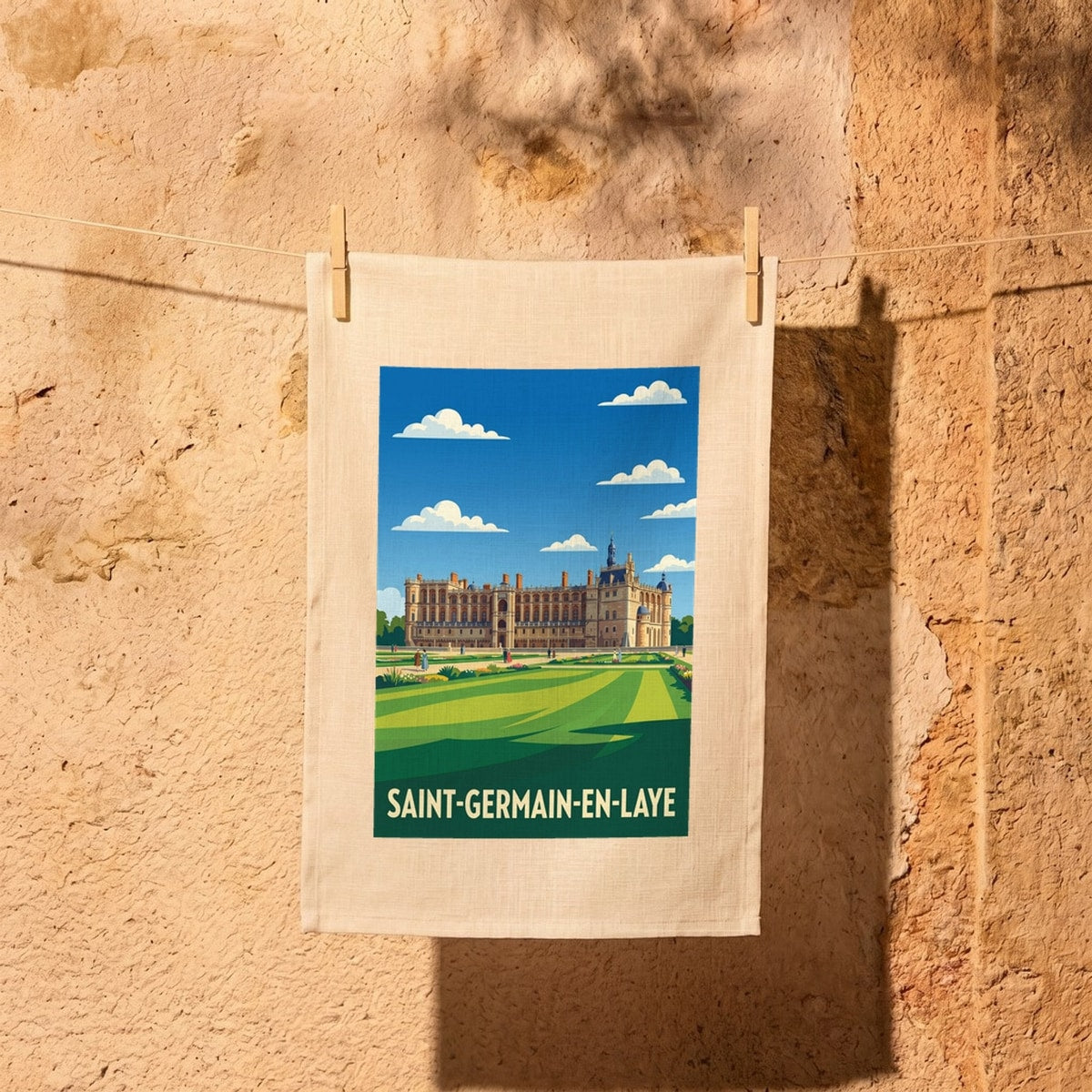 Torchon souvenir de la ville de Saint-Germain-en-Laye avec une illustration stylisée de son château et de ses jardins.