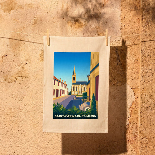 Torchon souvenir de la ville de Saint-Germain-et-Mons avec une illustration stylisée.