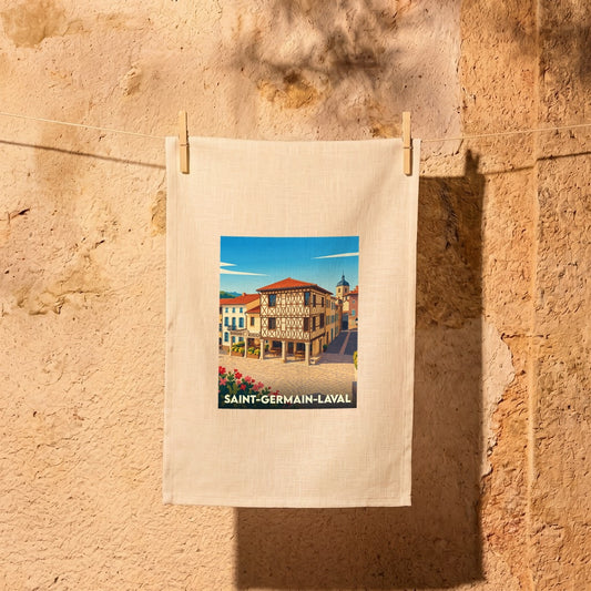 Torchon souvenir de la ville de Saint-Germain-Laval avec une illustration stylisée d'une place historique.