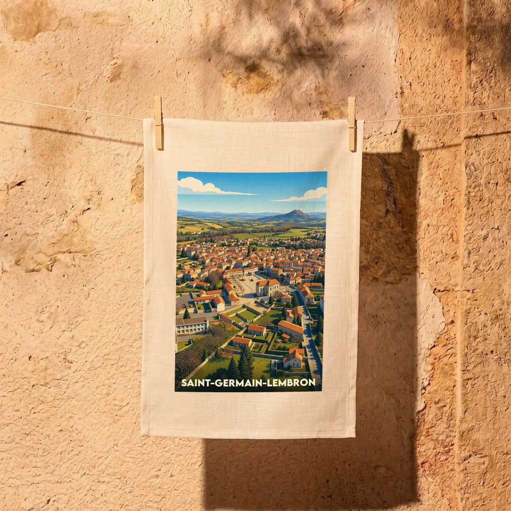 Torchon souvenir de la ville de Saint-Germain-Lembron avec une illustration stylisée.