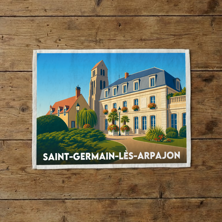 Torchon souvenir de la ville de Saint-Germain-lès-Arpajon illustré d'un paysage urbain stylisé.