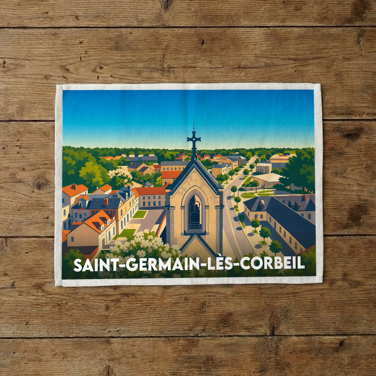 Torchon souvenir de la ville de Saint-Germain-lès-Corbeil avec une illustration stylisée de son église et de ses paysages.