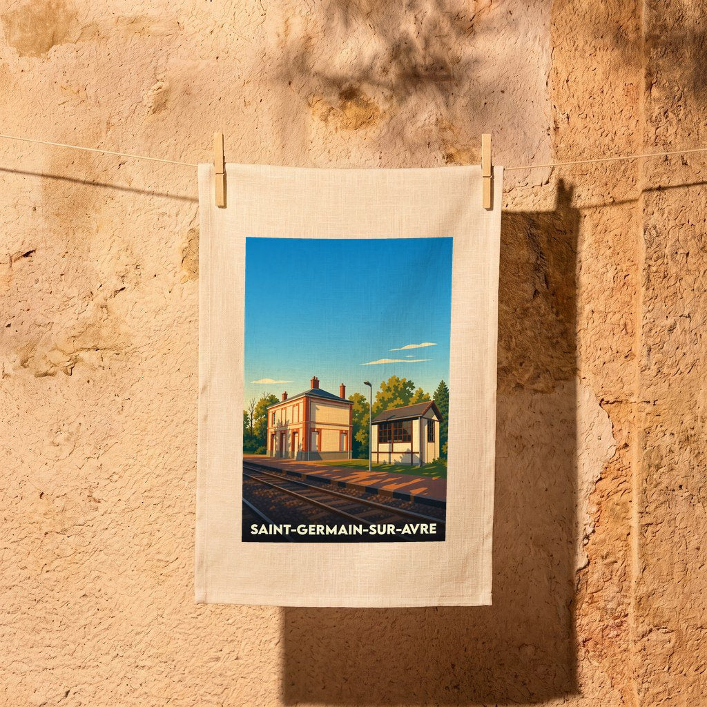 Torchon souvenir de la ville de Saint-Germain-sur-Avre avec une illustration stylisée de sa gare ferroviaire.
