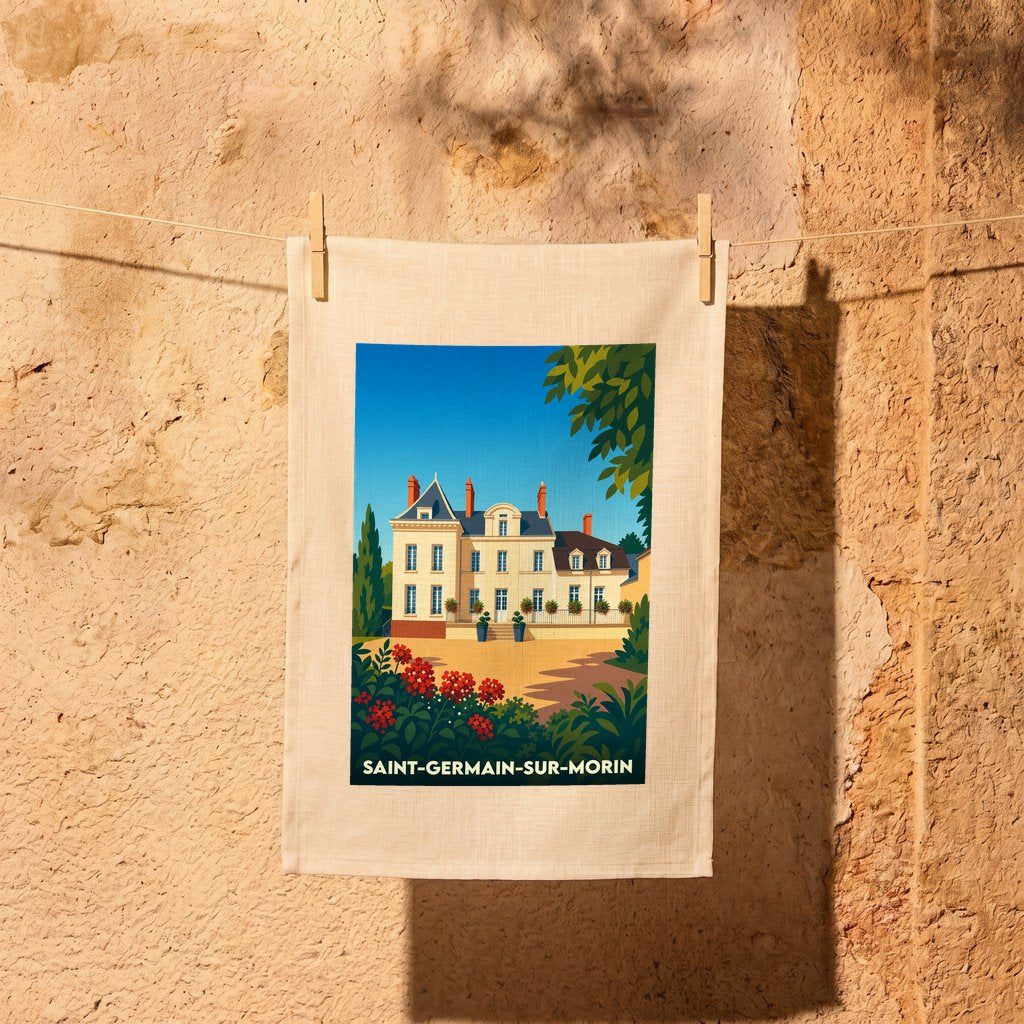 Torchon souvenir de la ville de Saint-Germain-sur-Morin avec une illustration stylisée d'un manoir.