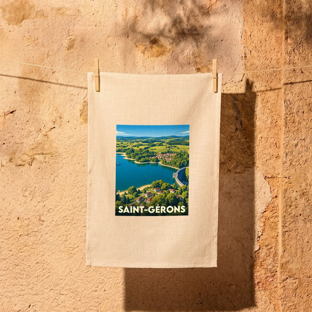 Torchon souvenir de la ville de Saint-Gérons avec une illustration paysagère stylisée.