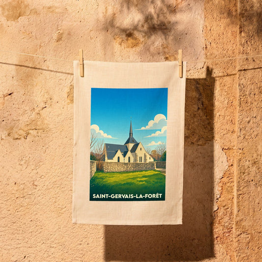 Torchon souvenir de la ville de Saint-Gervais-la-Forêt avec une illustration stylisée de son église.
