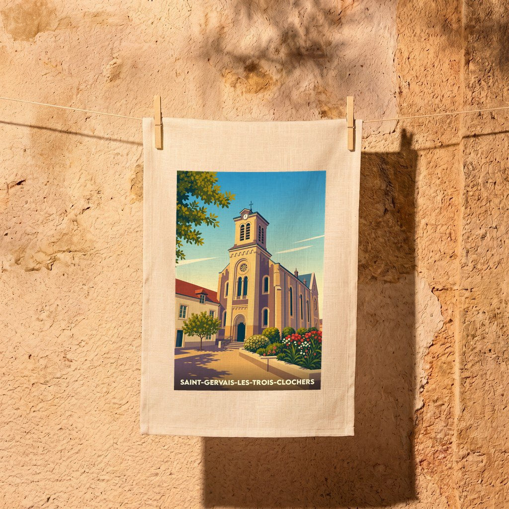 Torchon souvenir de la ville de Saint-Gervais-les-Trois-Clochers avec une illustration stylisée de son église.