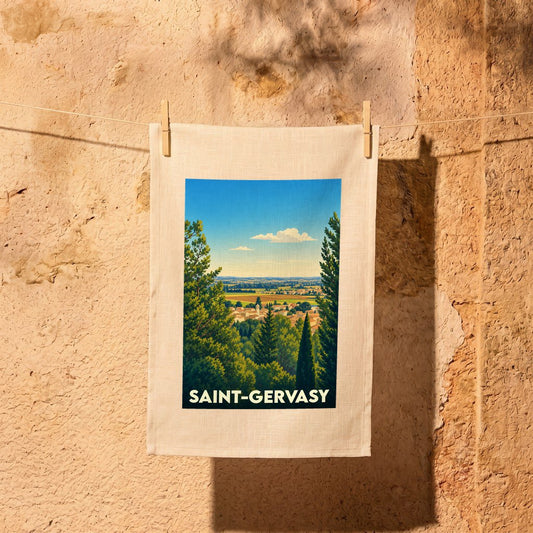 Torchon souvenir de la ville de Saint-Gervasy orné d'une illustration paysagère stylisée.