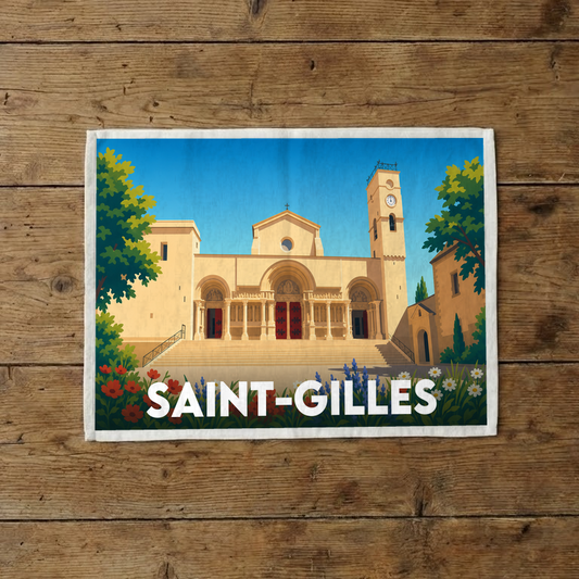 Torchon souvenir de la ville de Saint-Gilles avec une illustration stylisée de son abbaye.