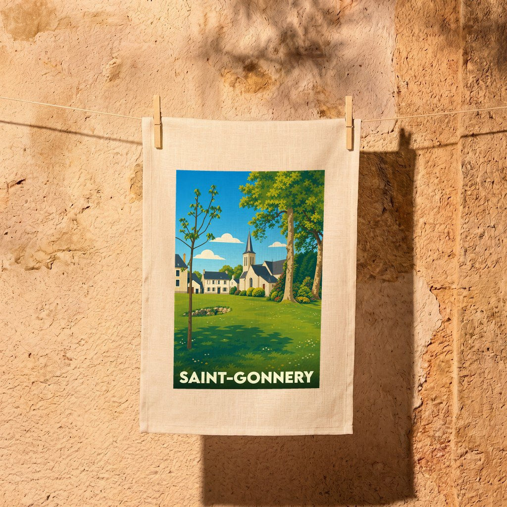 Torchon souvenir de la ville de Saint-Gonnery orné d'une illustration stylisée du village breton.