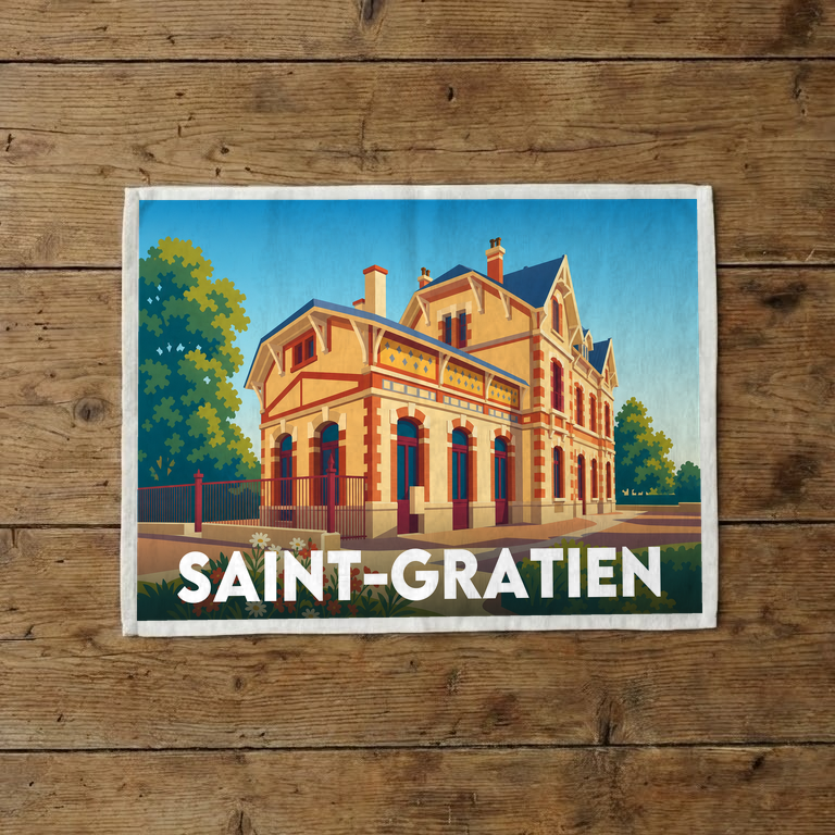 Torchon souvenir de la ville de Saint-Gratien avec une illustration stylisée de sa gare.