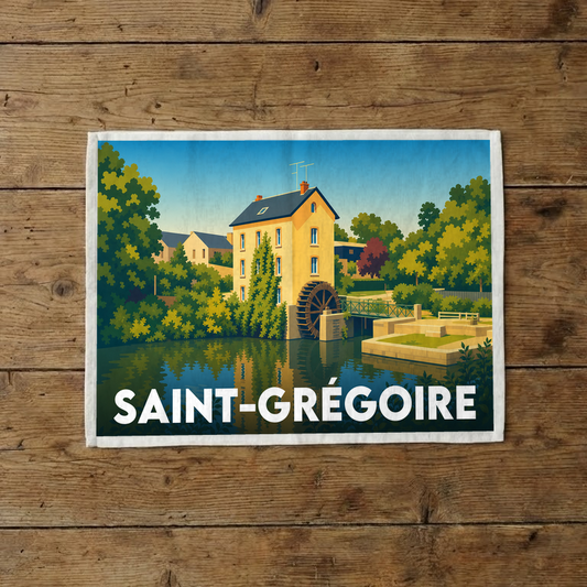 Torchon souvenir de la ville de Saint-Grégoire avec une illustration stylisée.