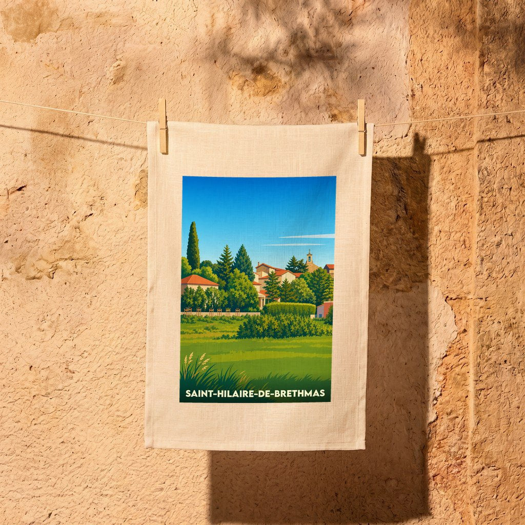Torchon souvenir de la ville de Saint-Hilaire-de-Brethmas avec une illustration stylisée d'un paysage provençal.
