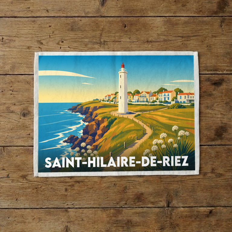 Torchon souvenir de la ville de Saint-Hilaire-de-Riez avec une illustration stylisée de son phare et de sa côte.