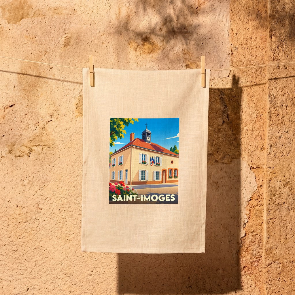 Torchon souvenir de la ville de Saint-Imoges avec une illustration stylisée de sa mairie.