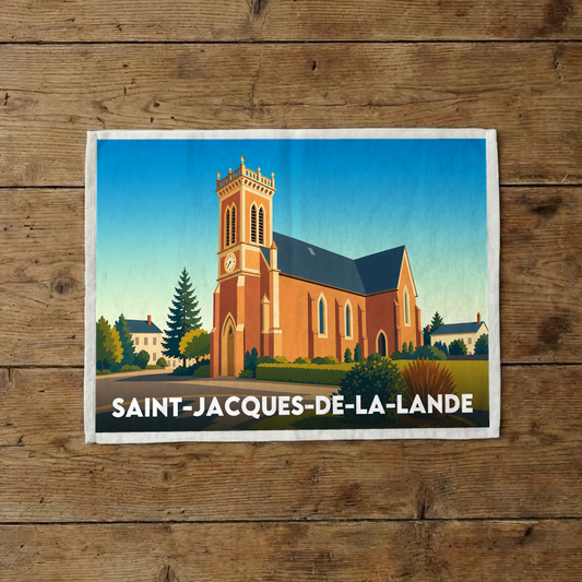 Torchon souvenir de la ville de Saint-Jacques-de-la-Lande avec une illustration stylisée de son église.