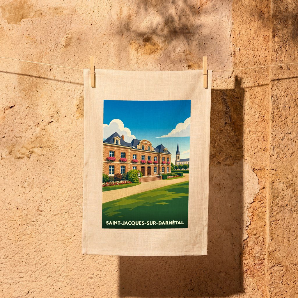 Torchon souvenir de la ville de Saint-Jacques-sur-Darnétal avec une illustration stylisée d'un manoir normand.