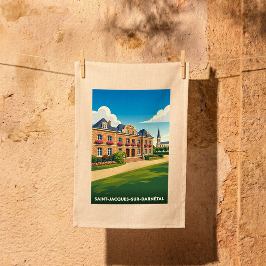 Torchon souvenir de la ville de Saint-Jacques-sur-Darnétal avec une illustration stylisée d'un manoir normand.