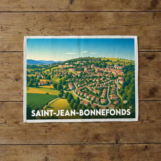 Torchon souvenir de la ville de Saint-Jean-Bonnefonds avec une illustration stylisée d'un village vallonné.