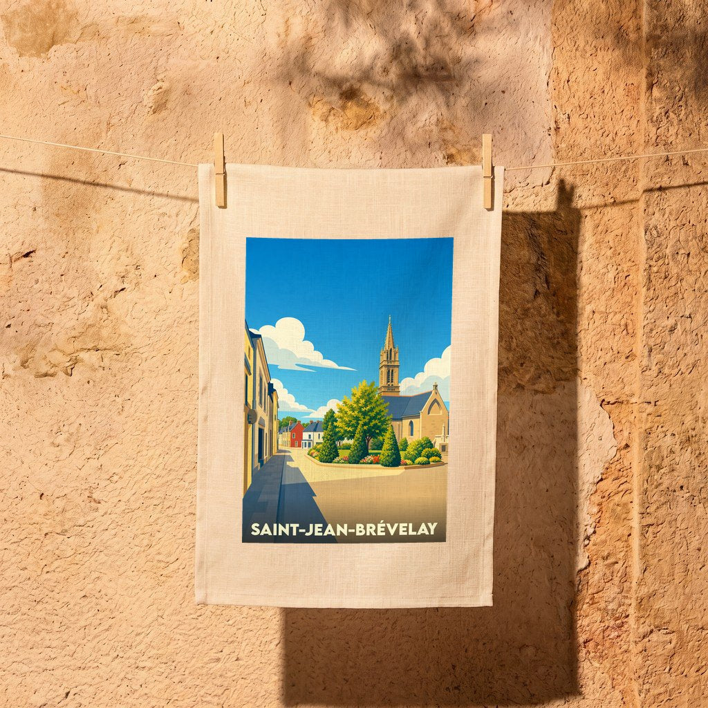 Torchon souvenir de la ville de Saint-Jean-Brévelay avec une illustration stylisée.