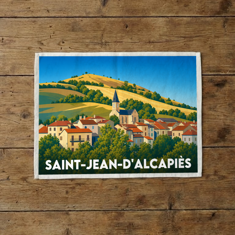 Torchon souvenir de la ville de Saint-Jean-d'Alcapiès avec une illustration stylisée.