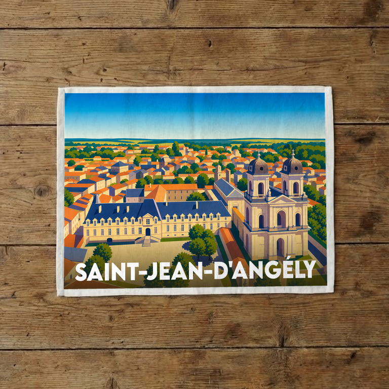 Torchon souvenir de la ville de Saint-Jean-d'Angély avec une illustration stylisée de son patrimoine architectural.