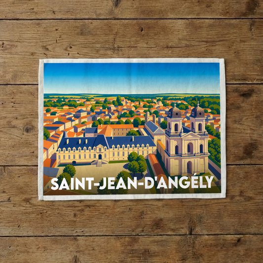 Torchon souvenir de la ville de Saint-Jean-d'Angély avec une illustration stylisée de son patrimoine architectural.