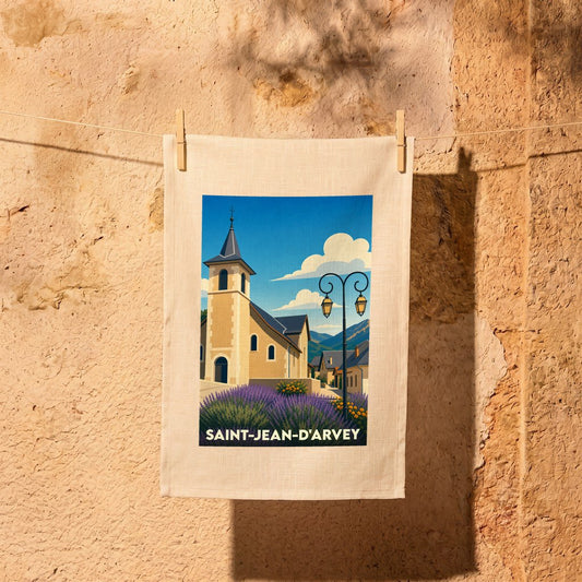Torchon souvenir de la ville de Saint-Jean-d'Arvey avec une illustration stylisée.