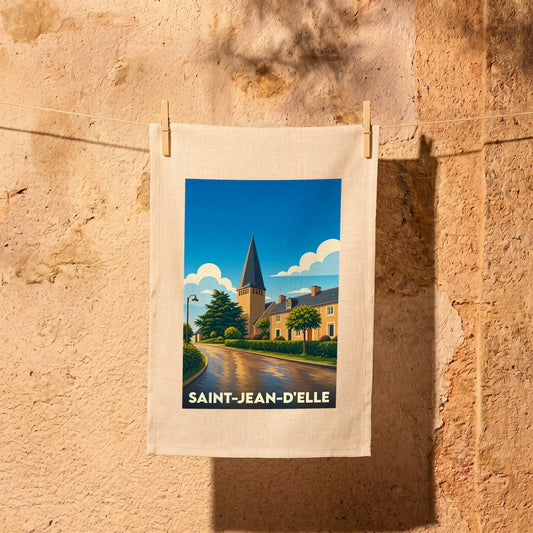 Torchon souvenir de la ville de Saint-Jean-d'Elle avec une illustration stylisée.