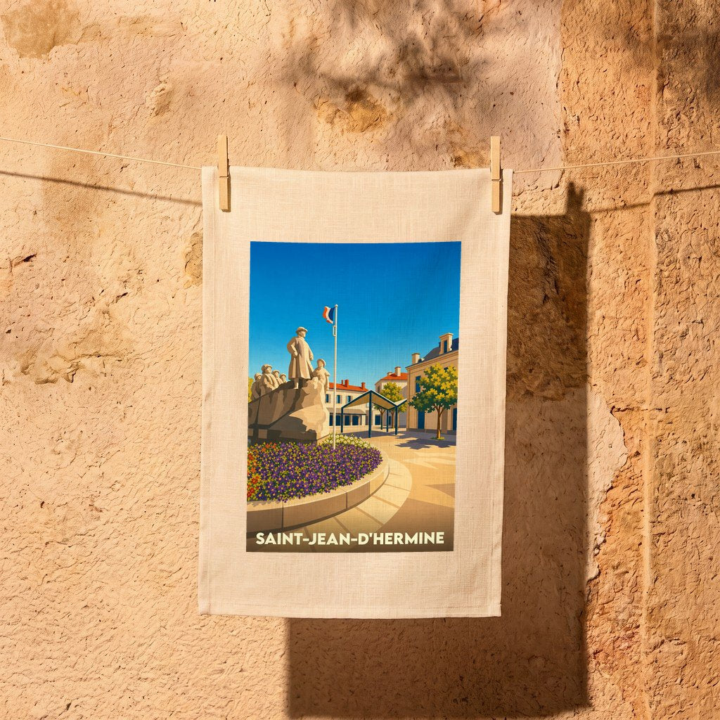 Torchon souvenir de la ville de Saint-Jean-d'Hermine avec une illustration stylisée d'une place ensoleillée.