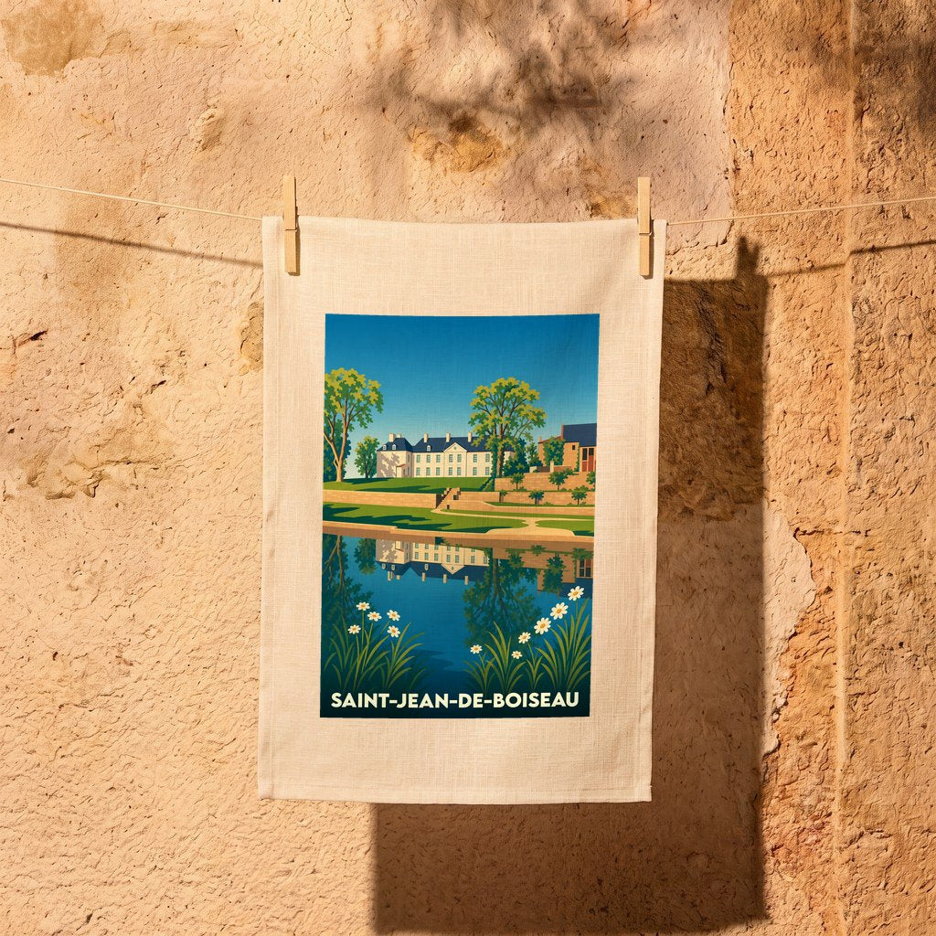 Torchon souvenir de la ville de Saint-Jean-de-Boiseau avec une illustration stylisée d'un manoir se reflétant dans l'eau.