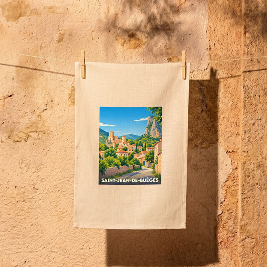 Torchon souvenir de la ville de Saint-Jean-de-Buèges avec une illustration stylisée.