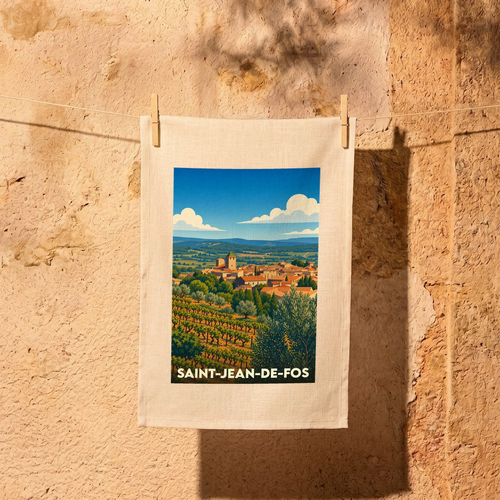 Torchon souvenir de la ville de Saint-Jean-de-Fos avec une illustration stylisée de son paysage provençal.