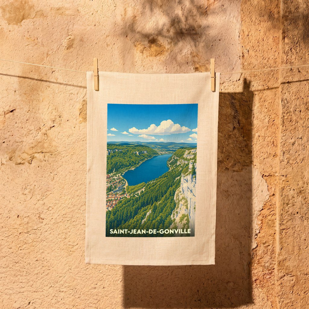 Torchon souvenir de la ville de Saint-Jean-de-Gonville avec une illustration stylisée d'un paysage montagneux.