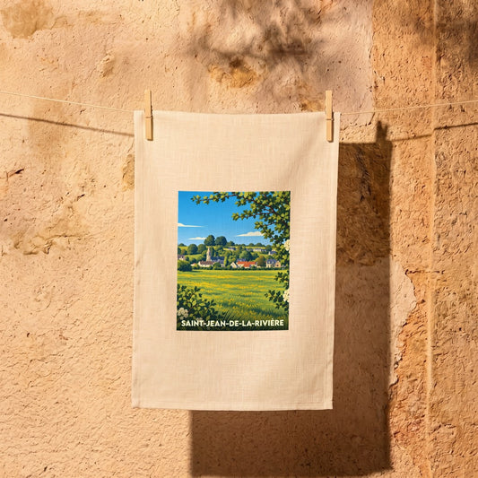 Torchon souvenir de la ville de Saint-Jean-de-la-Rivière avec une illustration stylisée.