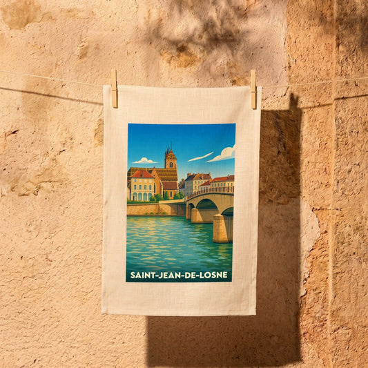 Torchon souvenir de la ville de Saint-Jean-de-Losne illustrant son pont et son église dans un style rétro.