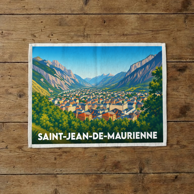 Torchon souvenir de la ville de Saint-Jean-de-Maurienne avec une illustration stylisée d'un panorama montagneux.