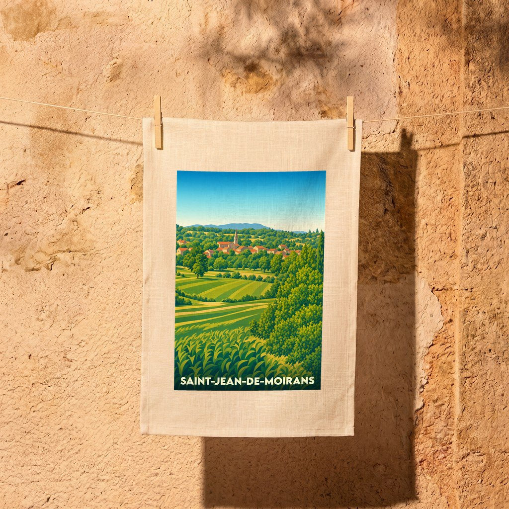 Torchon souvenir de la ville de Saint-Jean-de-Moirans avec une illustration paysagère stylisée.