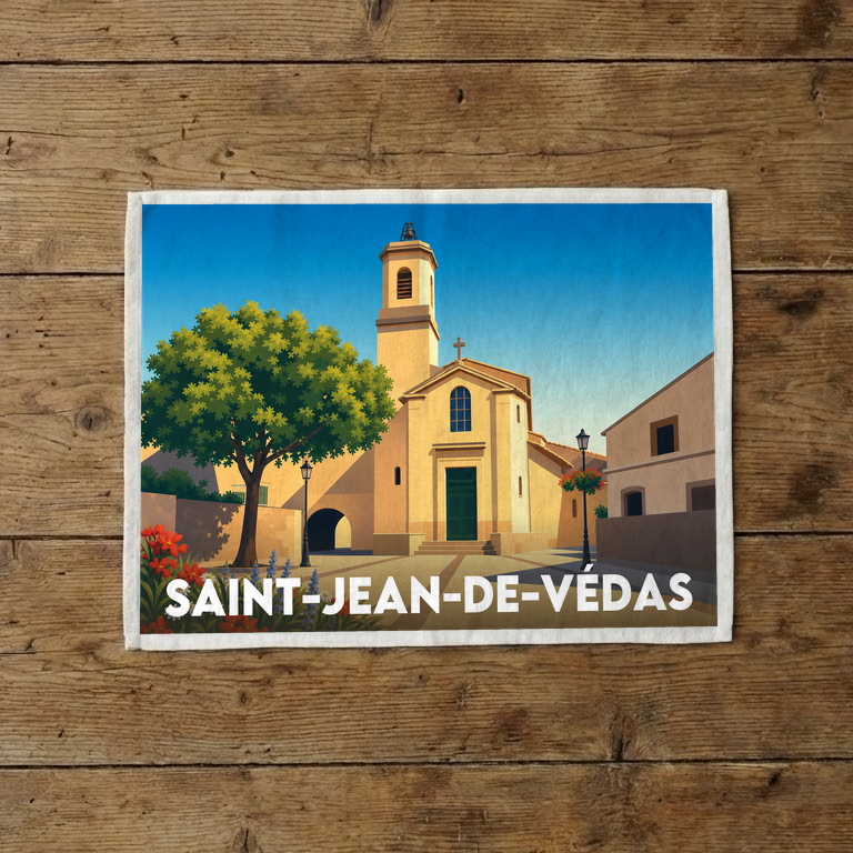Torchon souvenir de la ville de Saint-Jean-de-Védas avec une illustration stylisée de son église et de sa place ensoleillée.