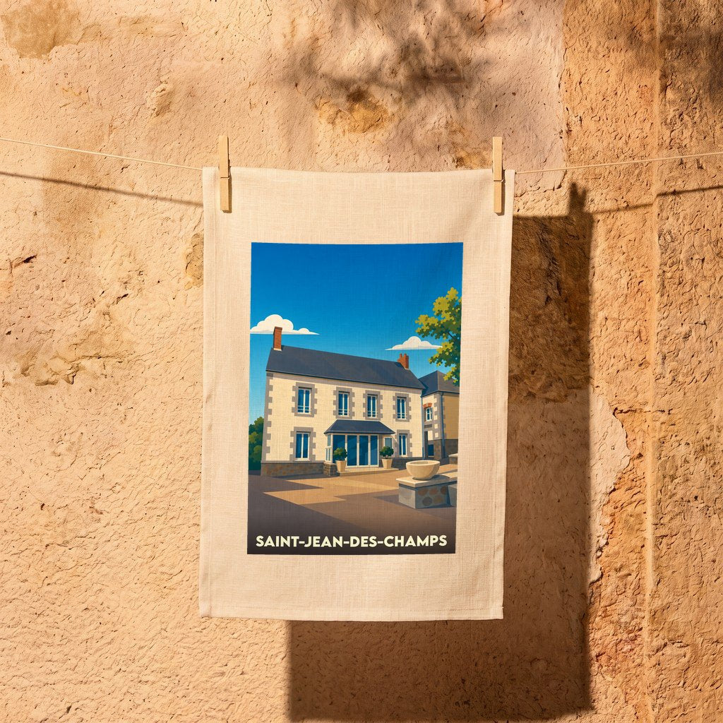 Torchon souvenir de la ville de Saint-Jean-des-Champs avec une illustration stylisée d'une maison traditionnelle.