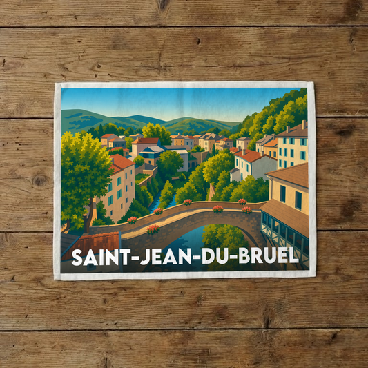 Torchon souvenir de la ville de Saint-Jean-du-Bruel avec une illustration stylisée.