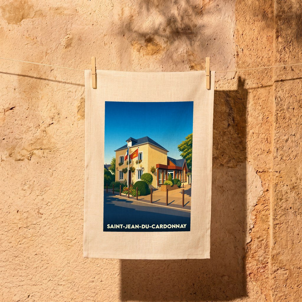 Torchon souvenir de la ville de Saint-Jean-du-Cardonnay avec une illustration stylisée de sa mairie.