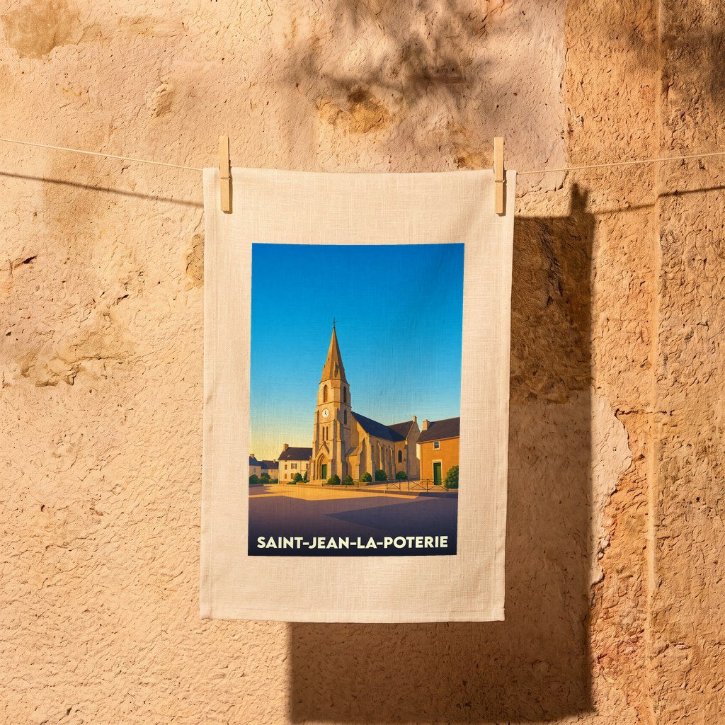 Torchon souvenir de Saint-Jean-la-Poterie illustrant son église sous un ciel bleu azur.